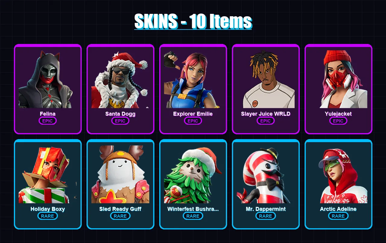 [PC/PSN] | Felina | Santa Dogg | Explorer Emilie | Slayer Juice WRLD | Yulejacket | 10 skin | 49 pickaxe | 34 emote | 44 glider | Lv746
