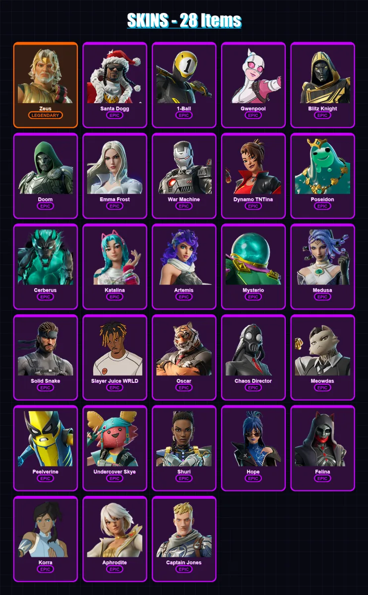 [PC/PSN] | Zeus | Santa Dogg | 1-Ball | Gwenpool | Blitz Knight | 28 skin | 60 pickaxe | 37 emote | 47 glider | Lv566