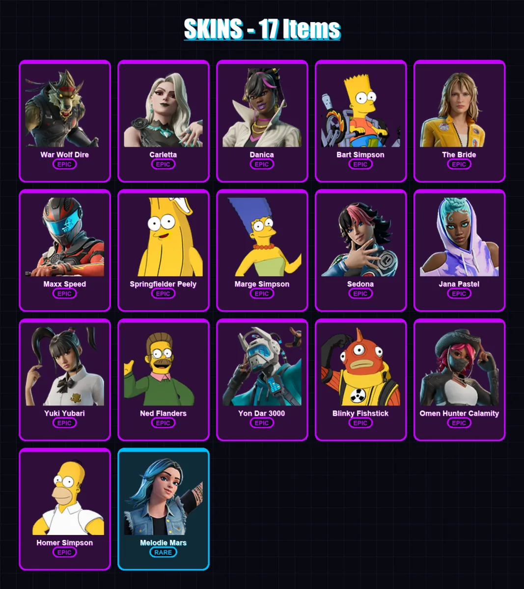 [PS4/PS5/XBOX/PC] | War Wolf Dire | Carletta | Danica | Bart Simpson | The Bride | 17 skin | 31 pickaxe | 19 emote | 16 glider | Lv210