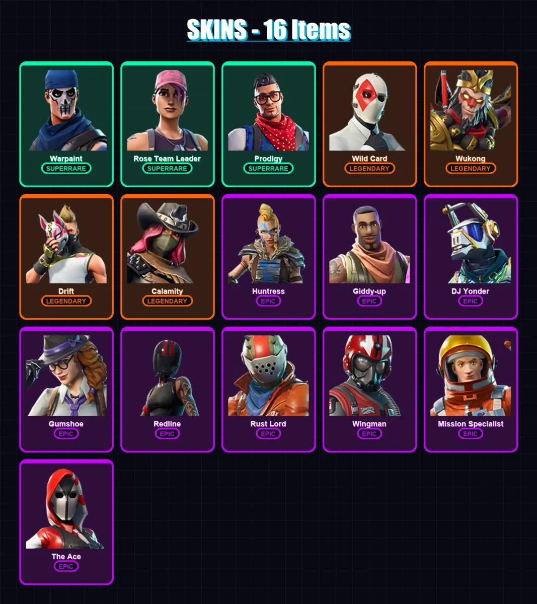 [PC/PSN] | Warpaint | Rose Team Leader | Prodigy | Wild Card | Wukong | 16 skin | 22 pickaxe | 13 emote | 19 glider | Lv217