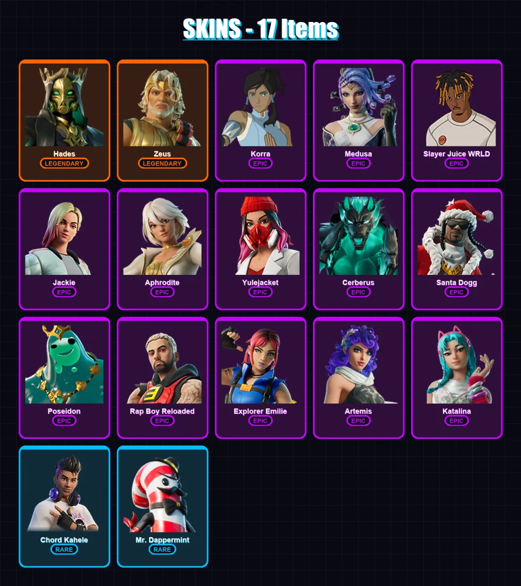 [PS4/PS5/XBOX/PC] | Hades | Zeus | Korra | Medusa | Slayer Juice WRLD | 17 skin | 48 pickaxe | 26 emote | 30 glider | Lv528