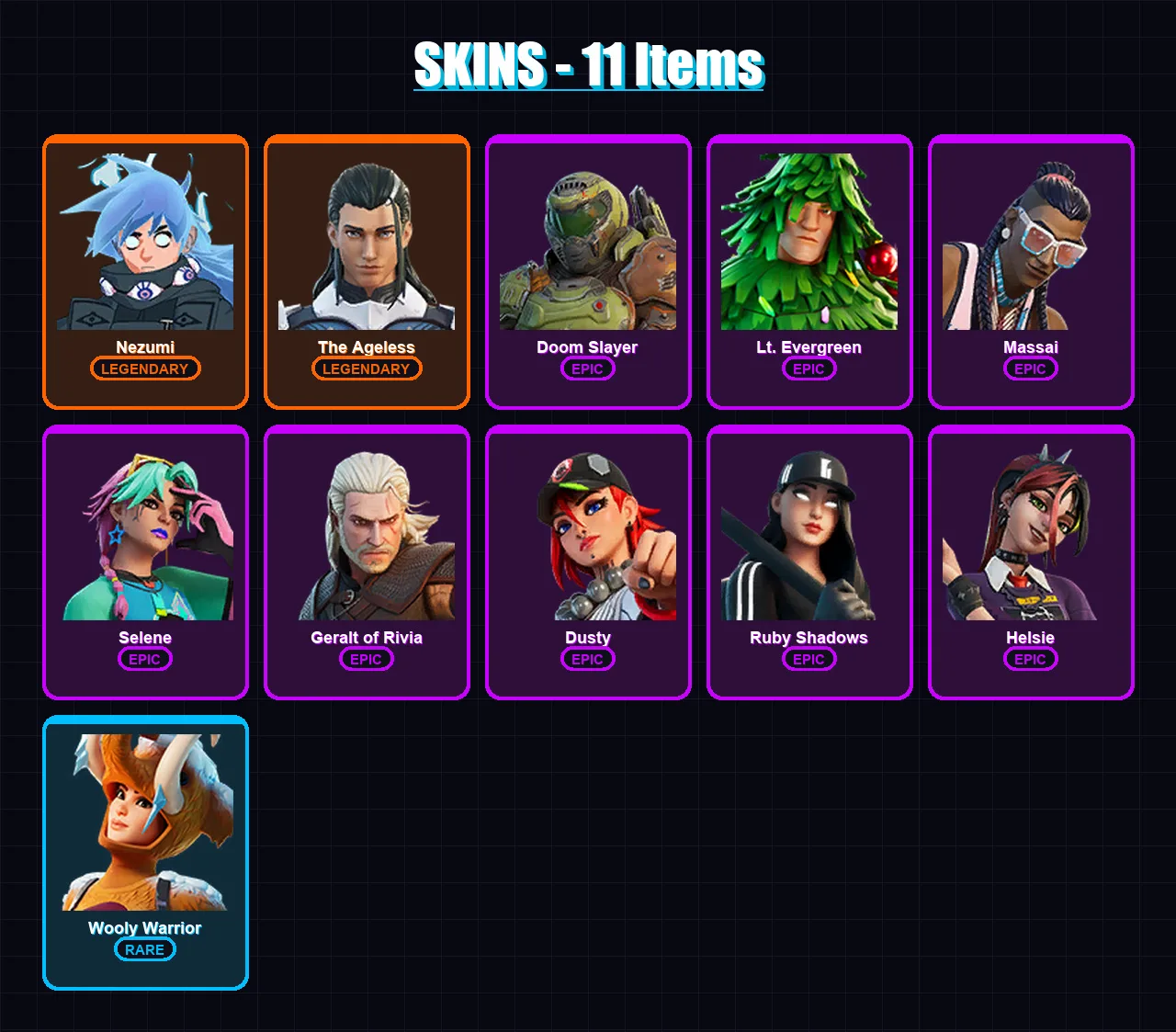 [PC/XBOX/PSN] | Nezumi | The Ageless | Doom Slayer | Lt. Evergreen | Massai | 11 skin | 25 pickaxe | 33 emote | 34 glider | Lv631