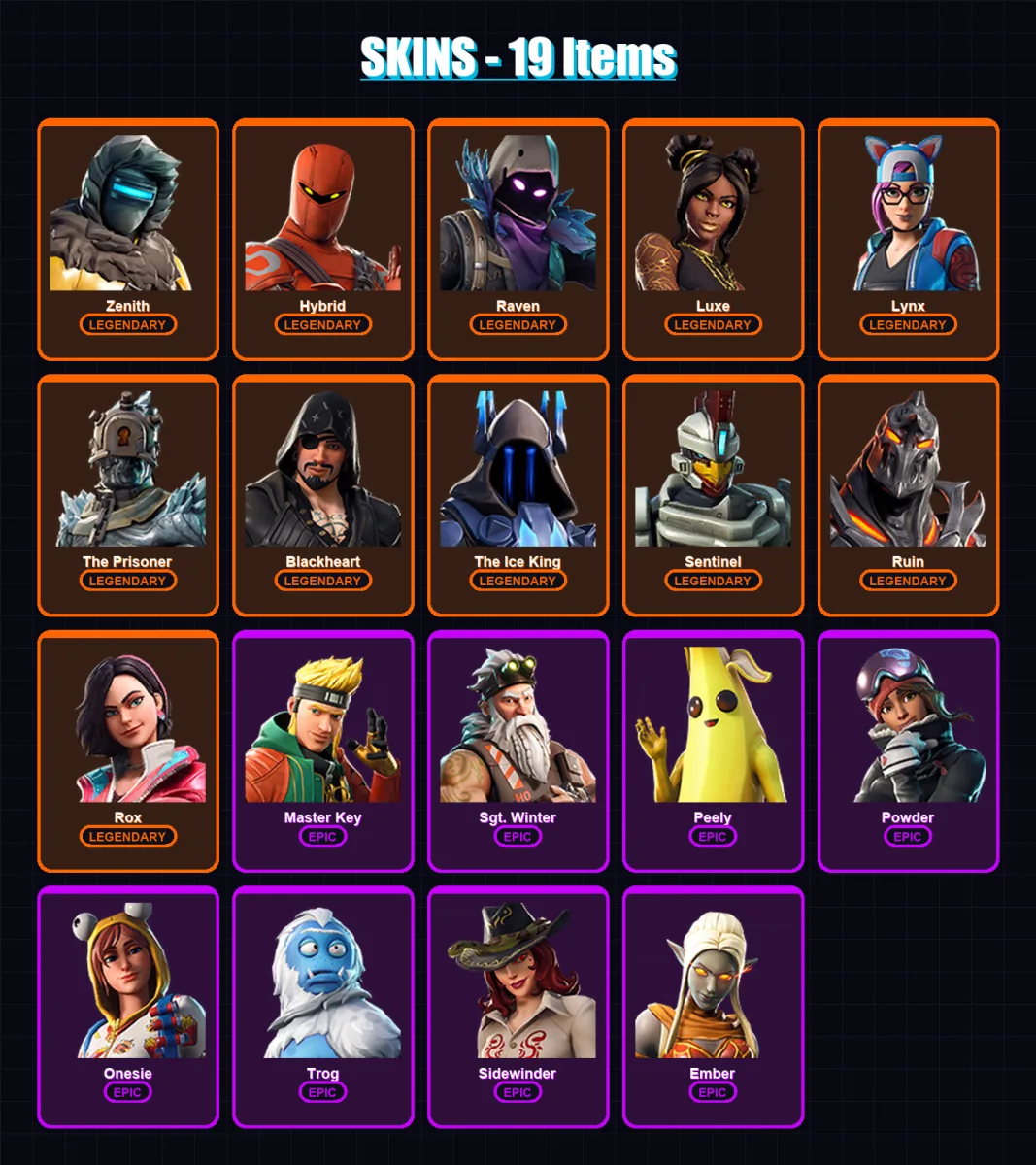 [PC/XBOX/PSN] | Zenith | Hybrid | Raven | Luxe | Lynx | 19 skin | 11 pickaxe | 17 emote | 14 glider | Lv130