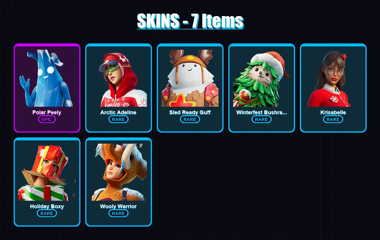 [PC/XBOX] | Polar Peely | Arctic Adeline | Sled Ready Guff | Winterfest Bushranger | Krisabelle | 7 skin | 23 pickaxe | 22 emote | 22 glider | Lv408