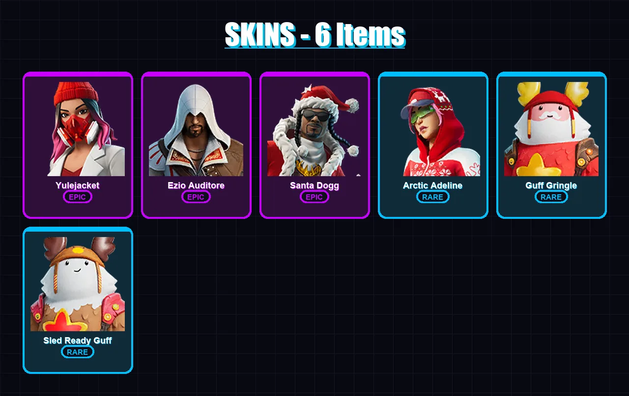 [PC/PSN] | Yulejacket | Ezio Auditore | Santa Dogg | Arctic Adeline | Guff Gringle | 6 skin | 20 pickaxe | 8 emote | 15 glider | Lv179