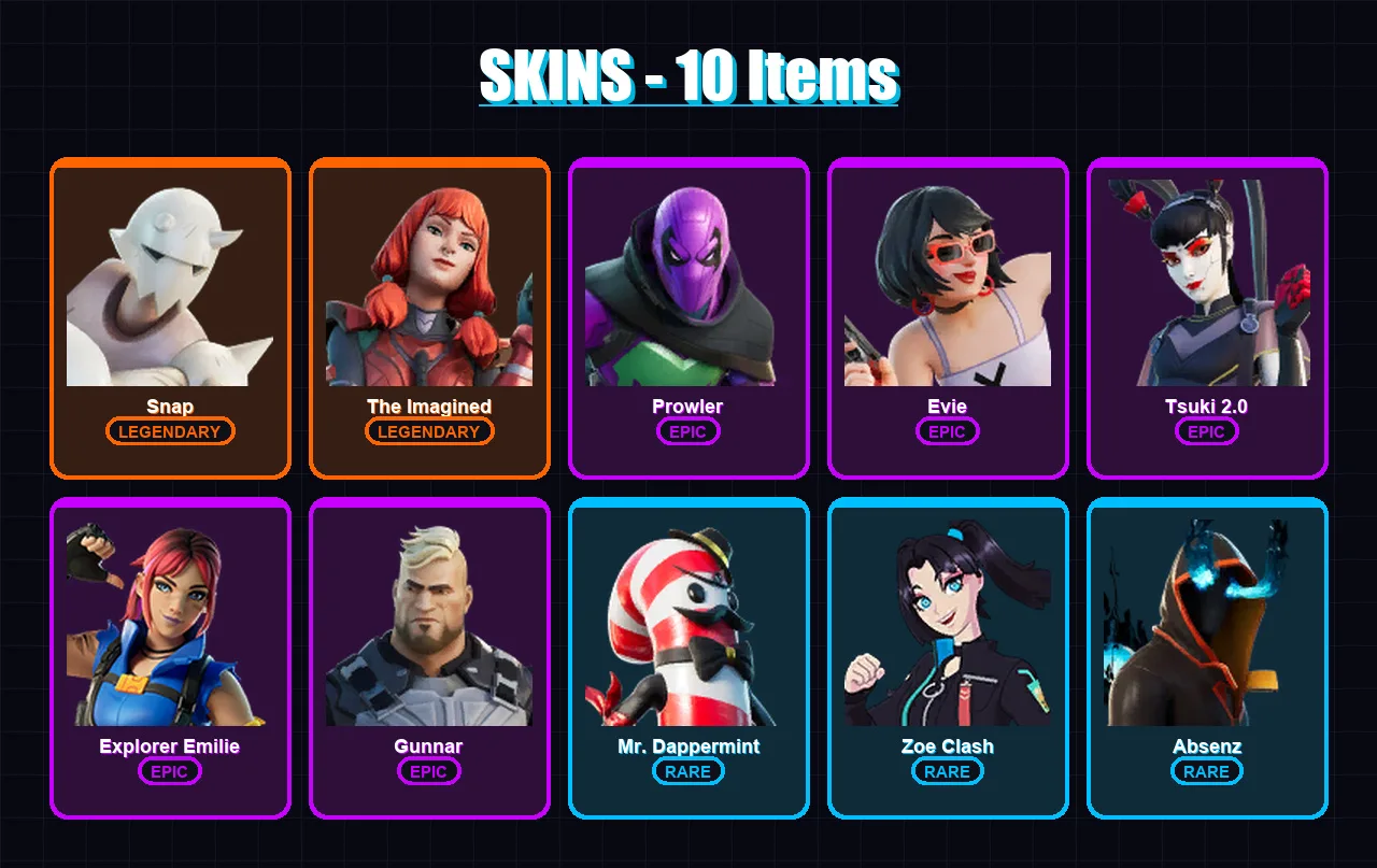[PC/XBOX/PSN] | Snap | The Imagined | Prowler | Evie | Tsuki 2.0 | 10 skin | 11 pickaxe | 4 emote | 10 glider | Lv78