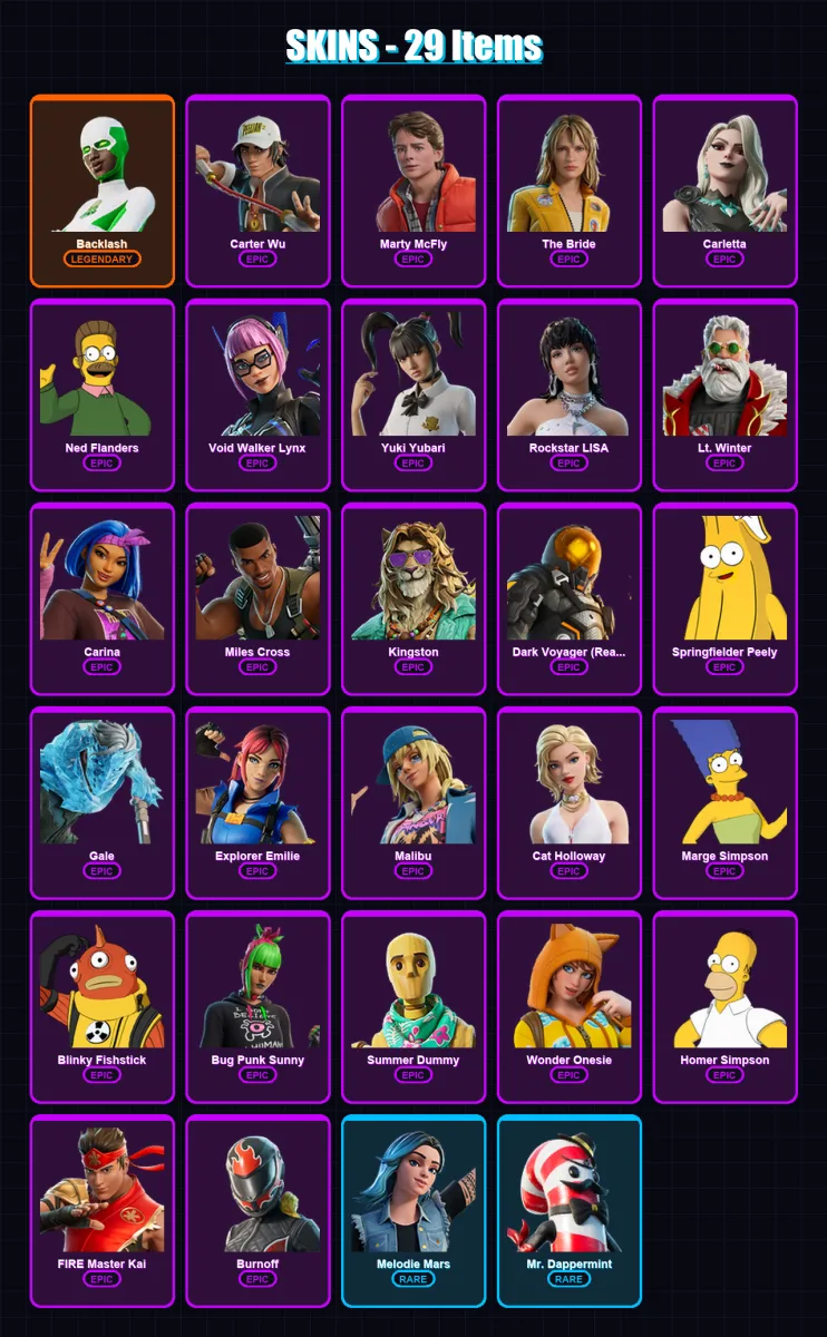 [PC/XBOX/PSN] | Backlash | Carter Wu | Marty McFly | The Bride | Carletta | 29 skin | 51 pickaxe | 26 emote | 31 glider | Lv342