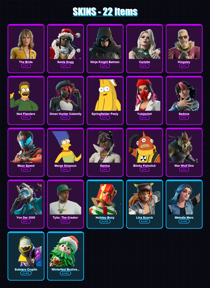 [PS4/PS5/PC] | The Bride | Santa Dogg | Ninja Knight Batman | Carletta | Kingsley | 22 skin | 35 pickaxe | 18 emote | 18 glider | Lv127 — Game account