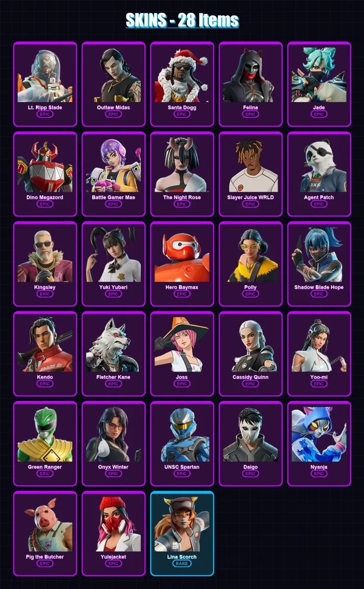 [PS4/PS5/PC] | Lt. Ripp Slade | Outlaw Midas | Santa Dogg | Felina | Jade | 28 skin | 54 pickaxe | 34 emote | 34 glider | Lv525