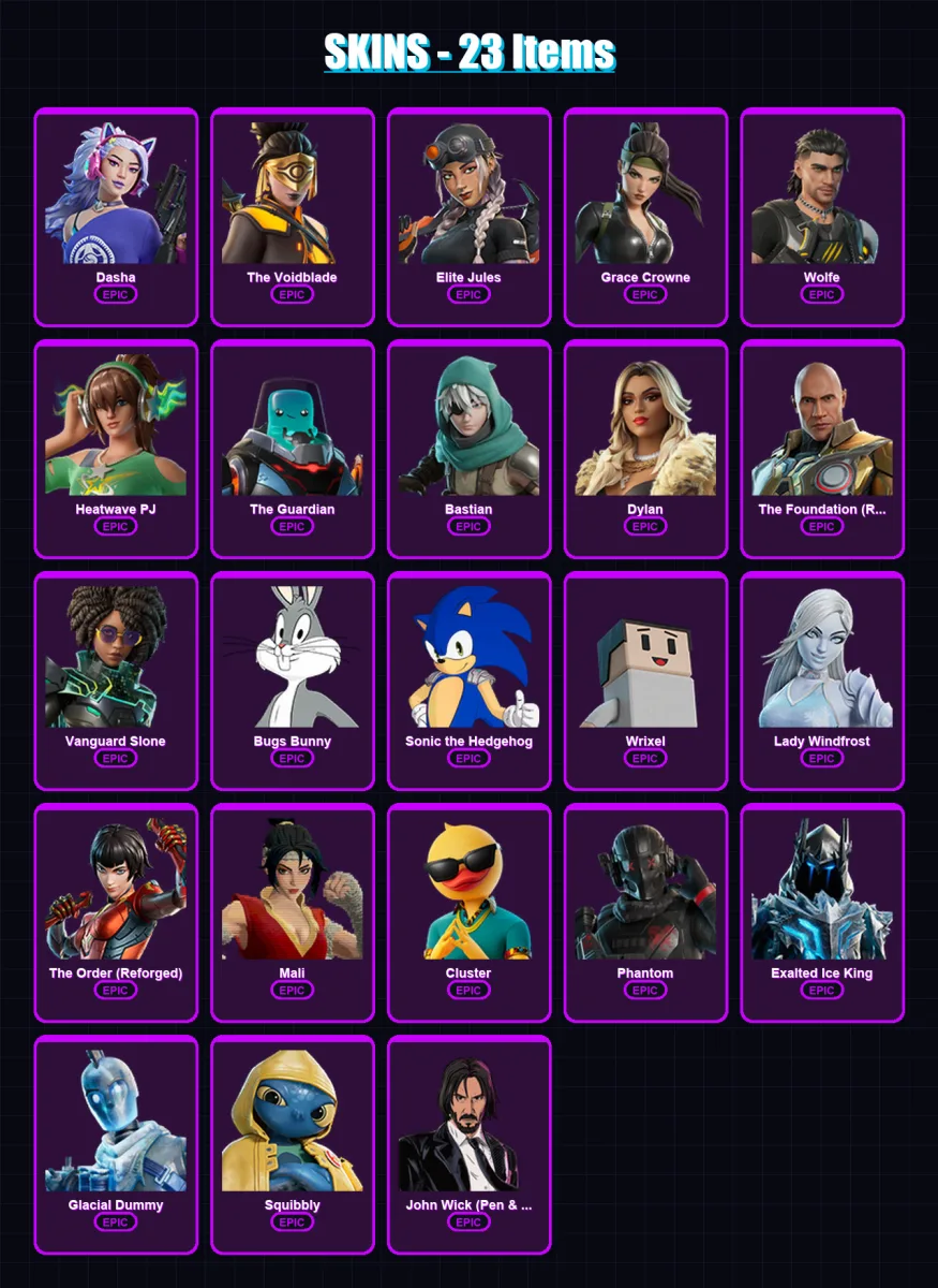 [PS4/PS5/XBOX/PC] | Dasha | The Voidblade | Elite Jules | Grace Crowne | Wolfe | 23 skin | 63 pickaxe | 32 emote | 45 glider | Lv605