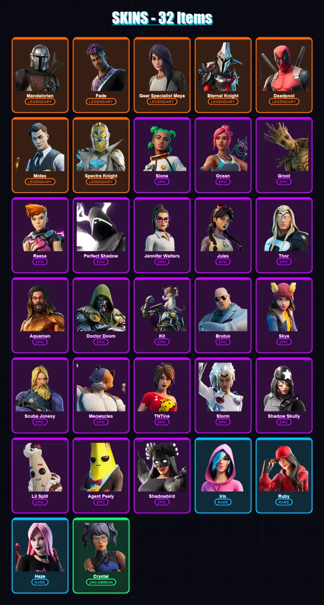 [PS4/PS5/XBOX/PC] | Mandalorian | Fade | Gear Specialist Maya | Eternal Knight | Deadpool | 32 skin | 37 pickaxe | 32 emote | 36 glider | Lv620