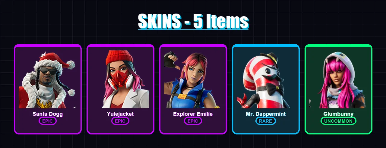 [SWITCH/XBOX/PSN/PC] | Santa Dogg | Yulejacket | Explorer Emilie | Mr. Dappermint | Glumbunny | 5 skin | 15 pickaxe | 6 emote | 9 glider | Lv72