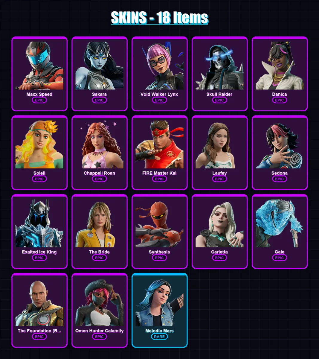 [PC/XBOX/PSN] | Maxx Speed | Sakara | Void Walker Lynx | Skull Raider | Danica | 18 skin | 14 pickaxe | 7 emote | 10 glider | Lv52