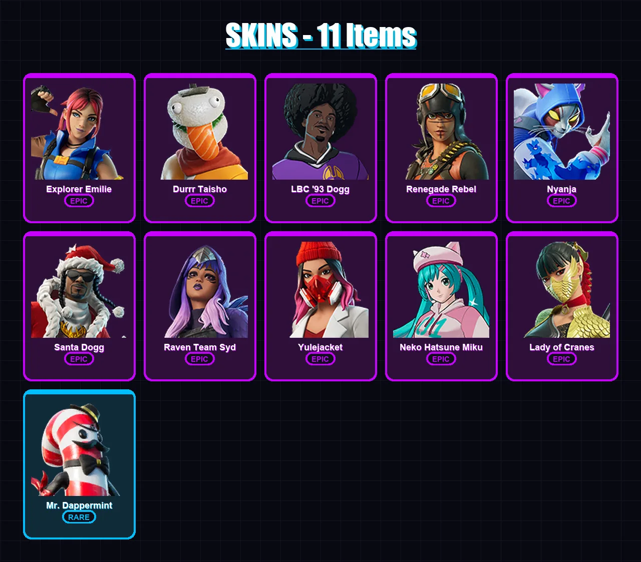 [PC/XBOX/PSN] | Explorer Emilie | Durrr Taisho | LBC '93 Dogg | Renegade Rebel | Nyanja | 11 skin | 16 pickaxe | 9 emote | 10 glider | Lv64