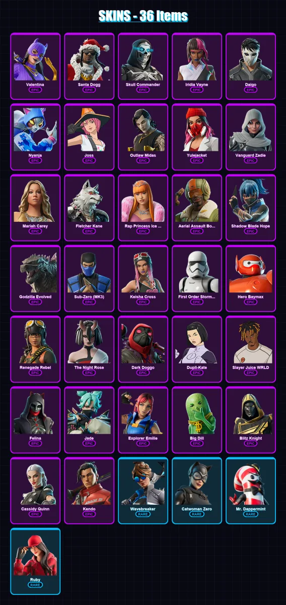 [PC] | Valentina | Santa Dogg | Skull Commander | Iridia Vayne | Daigo | 36 skin | 76 pickaxe | 42 emote | 51 glider | Lv892