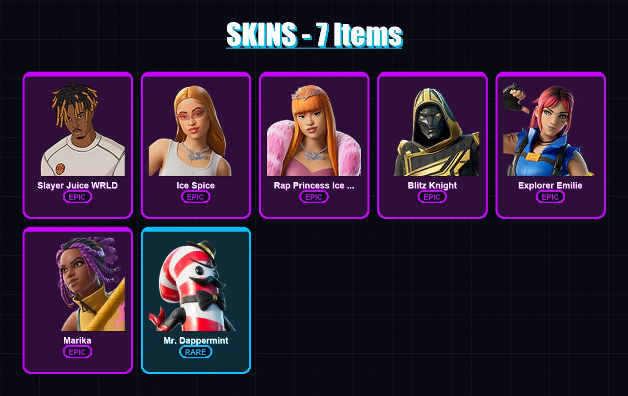 [PC/PSN] | Slayer Juice WRLD | Ice Spice | Rap Princess Ice Spice | Blitz Knight | Explorer Emilie | 7 skin | 19 pickaxe | 12 emote | 9 glider | Lv1