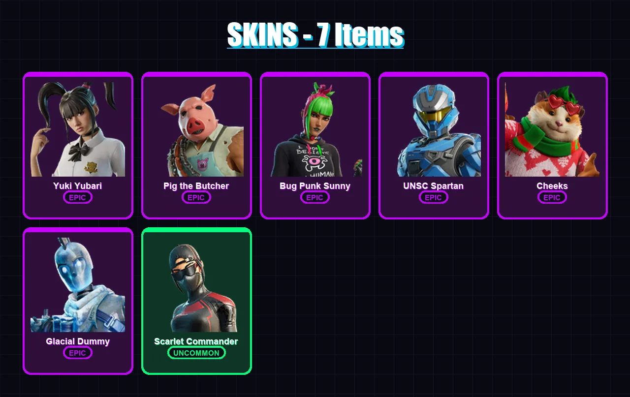 [PC/XBOX/PSN] | Yuki Yubari | Pig the Butcher | Bug Punk Sunny | UNSC Spartan | Cheeks | 7 skin | 51 pickaxe | 20 emote | 37 glider | Lv667
