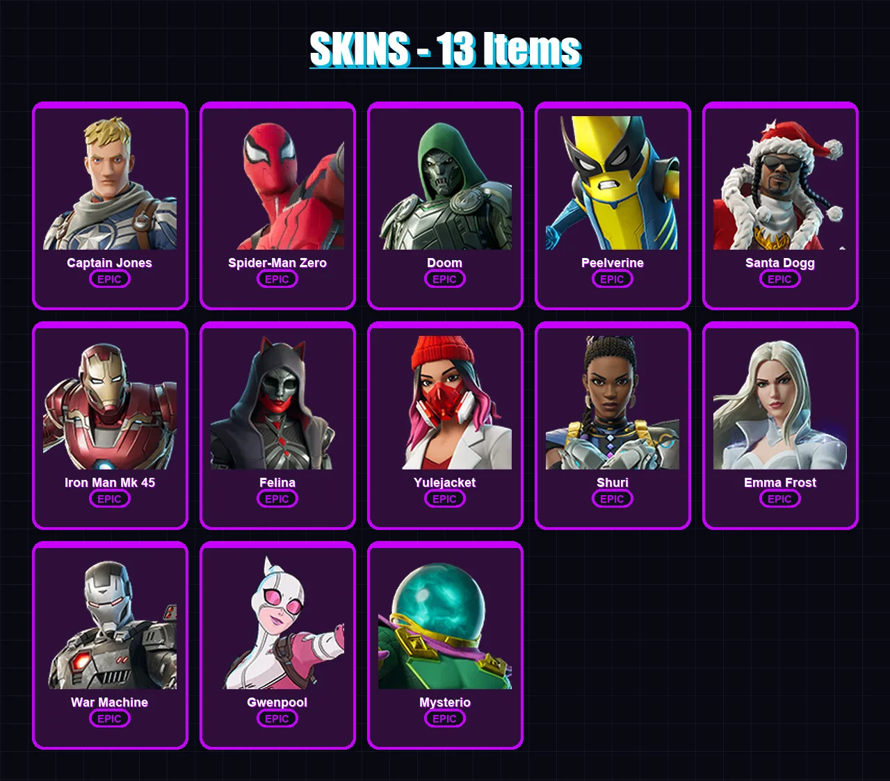 [PC/PSN] | Captain Jones | Spider-Man Zero | Doom | Peelverine | Santa Dogg | 13 skin | 28 pickaxe | 13 emote | 18 glider | Lv187
