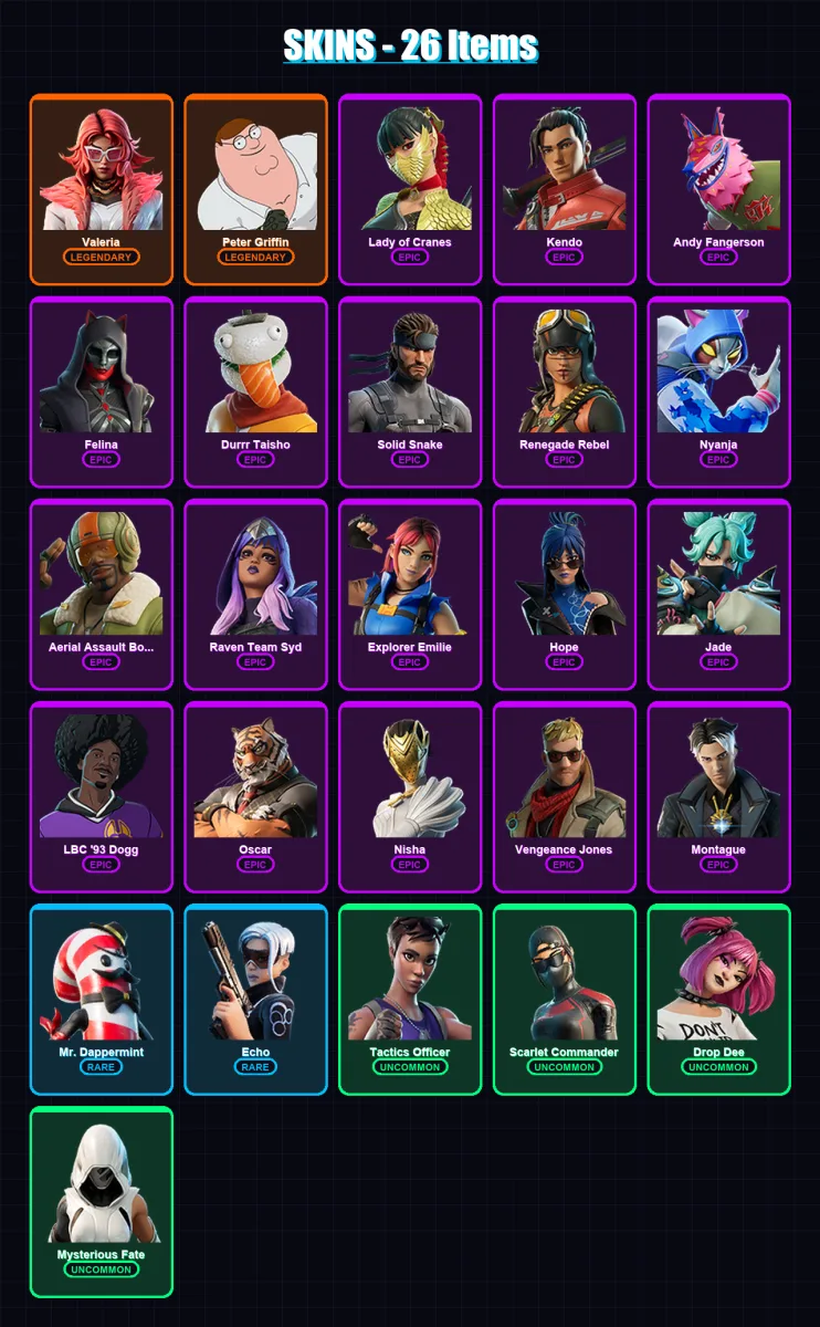 [PC/XBOX/PSN] | Valeria | Peter Griffin | Lady of Cranes | Kendo | Andy Fangerson | 26 skin | 50 pickaxe | 28 emote | 38 glider | Lv628