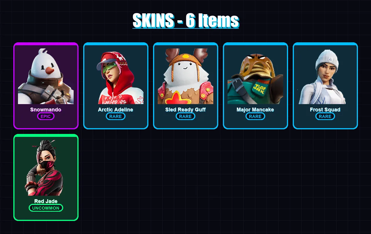 [PC/XBOX/PSN] | Snowmando | Arctic Adeline | Sled Ready Guff | Major Mancake | Frost Squad | 6 skin | 14 pickaxe | 7 emote | 18 glider | Lv188