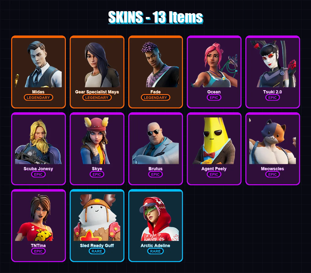 [SWITCH/XBOX/PSN/PC] | Midas | Gear Specialist Maya | Fade | Ocean | Tsuki 2.0 | 13 skin | 18 pickaxe | 15 emote | 27 glider | Lv310