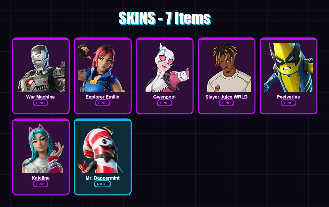 [PC/XBOX/PSN] | War Machine | Explorer Emilie | Gwenpool | Slayer Juice WRLD | Peelverine | 7 skin | 5 pickaxe | 5 emote | 4 glider | Lv41