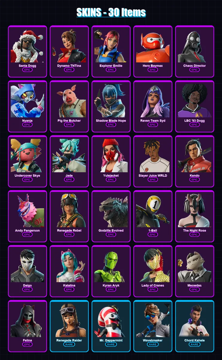 [PC/XBOX/PSN] | Santa Dogg | Dynamo TNTina | Explorer Emilie | Hero Baymax | Chaos Director | 30 skin | 72 pickaxe | 41 emote | 45 glider | Lv774