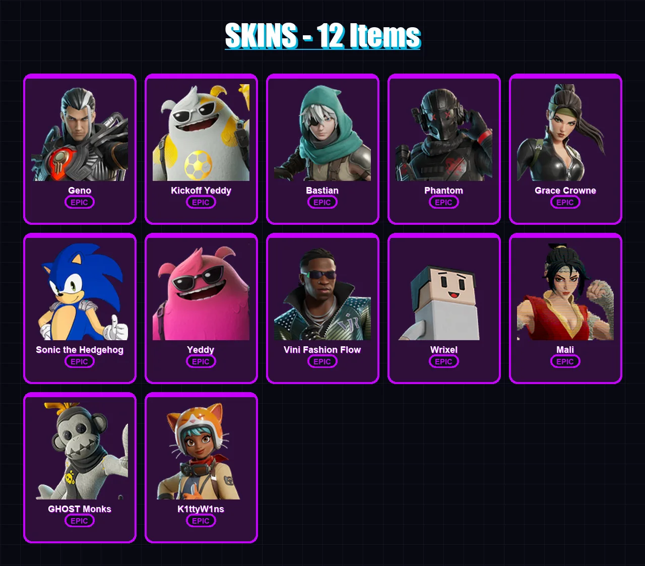 [SWITCH/XBOX/PSN/PC] | Geno | Kickoff Yeddy | Bastian | Phantom | Grace Crowne | 12 skin | 21 pickaxe | 10 emote | 17 glider | Lv295