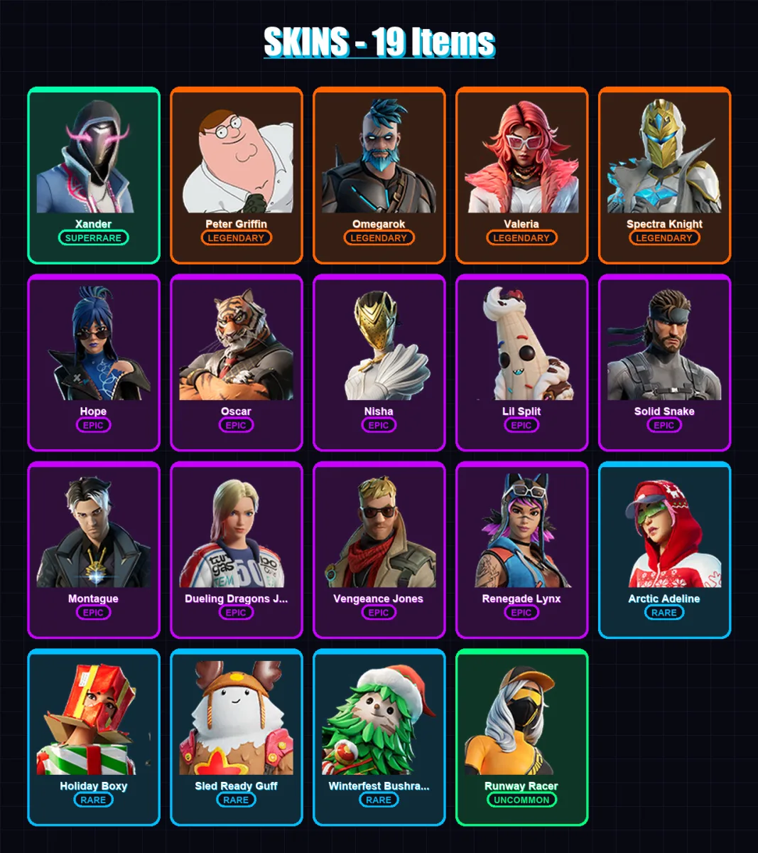 [PC/XBOX/PSN] | Xander | Peter Griffin | Omegarok | Valeria | Spectra Knight | 19 skin | 37 pickaxe | 27 emote | 40 glider | Lv577