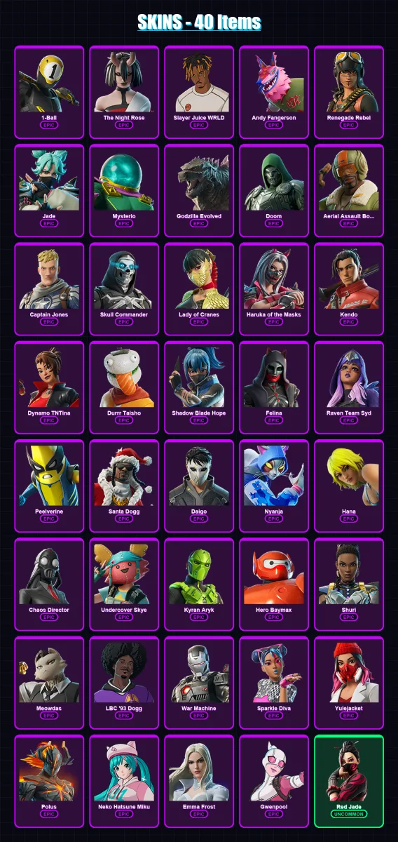 [PC/XBOX/PSN] | 1-Ball | The Night Rose | Slayer Juice WRLD | Andy Fangerson | Renegade Rebel | 40 skin | 59 pickaxe | 41 emote | 38 glider | Lv388