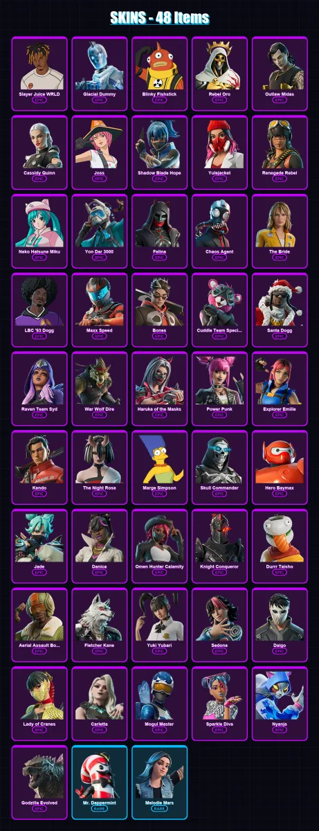 [PC/XBOX] | Slayer Juice WRLD | Glacial Dummy | Blinky Fishstick | Rebel Oro | Outlaw Midas | 48 skin | 77 pickaxe | 46 emote | 36 glider | Lv436 — Fortnite account