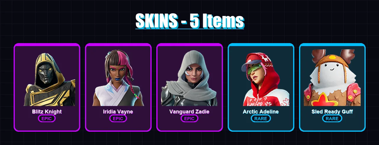 [PC/XBOX/PSN] | Blitz Knight | Iridia Vayne | Vanguard Zadie | Arctic Adeline | Sled Ready Guff | 5 skin | 28 pickaxe | 14 emote | 22 glider | Lv393