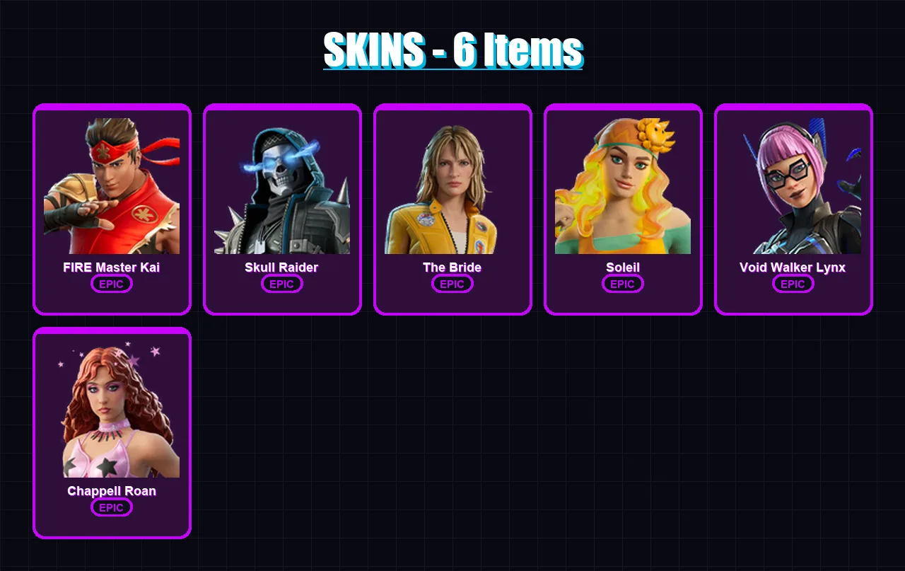 [PC/PSN] | FIRE Master Kai | Skull Raider | The Bride | Soleil | Void Walker Lynx | 6 skin | 5 pickaxe | 3 emote | 4 glider | Lv11