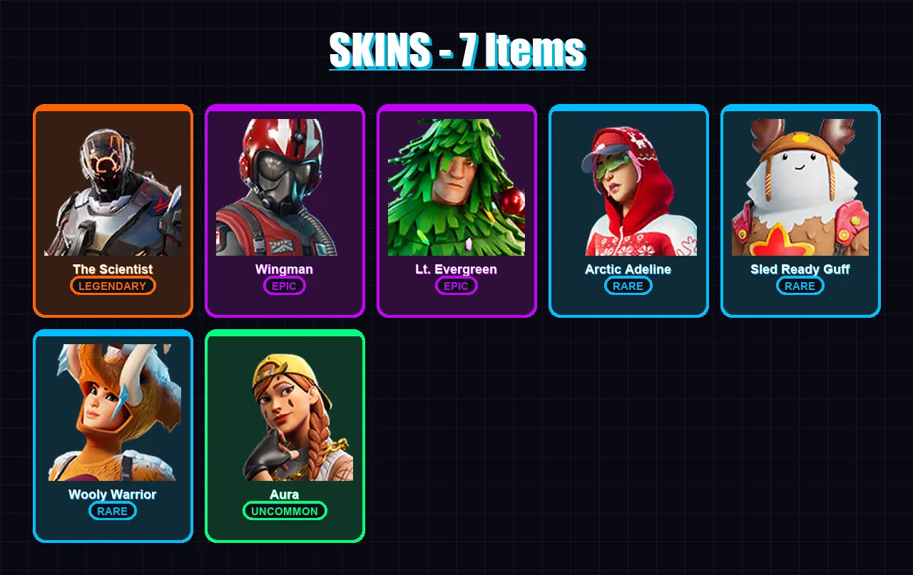 [PS4/PS5/XBOX/PC] | The Scientist | Wingman | Lt. Evergreen | Arctic Adeline | Sled Ready Guff | 7 skin | 10 pickaxe | 20 emote | 15 glider | Lv221