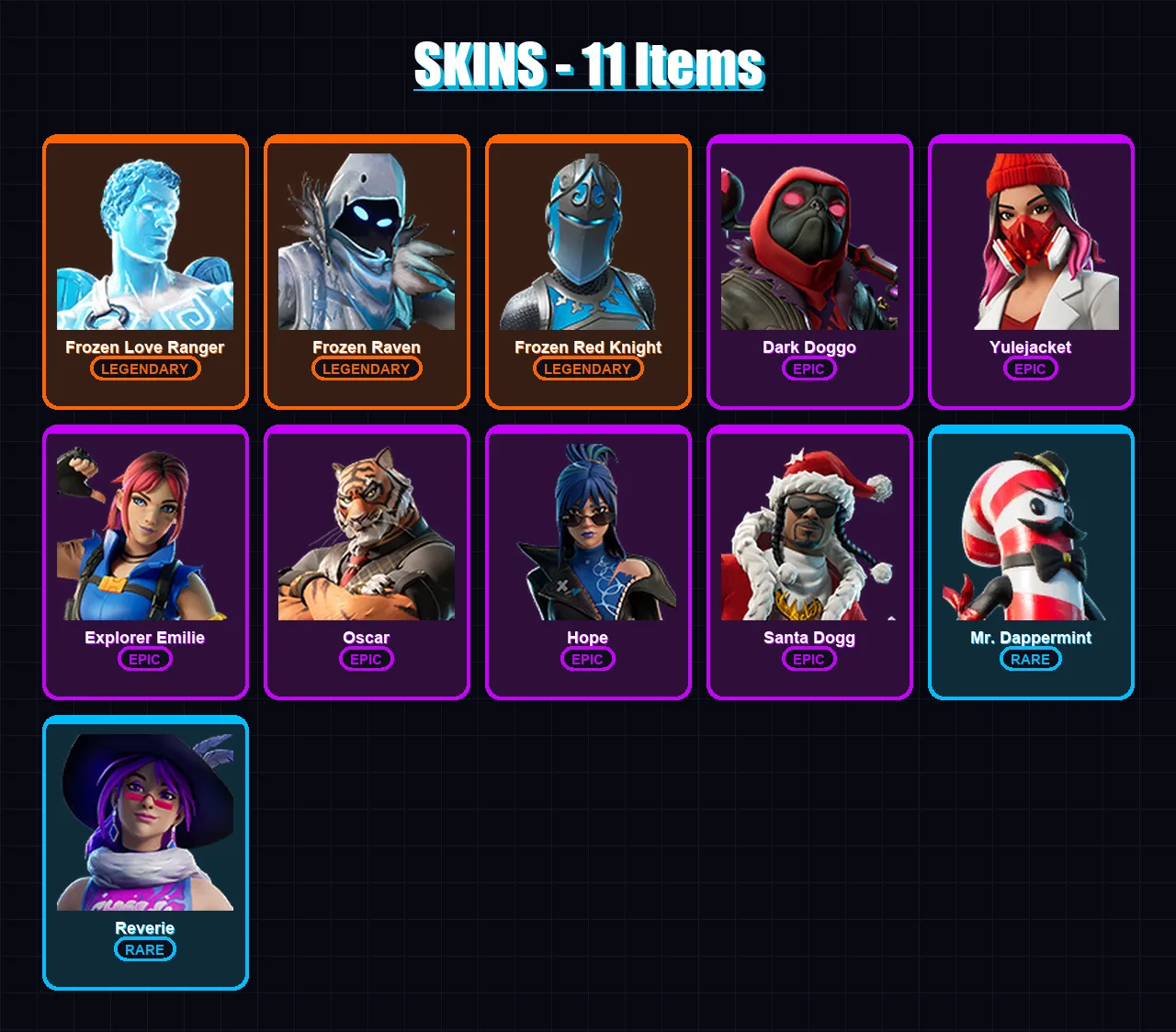 [PC/XBOX/PSN] | Frozen Love Ranger | Frozen Raven | Frozen Red Knight | Dark Doggo | Yulejacket | 11 skin | 20 pickaxe | 11 emote | 15 glider | Lv13