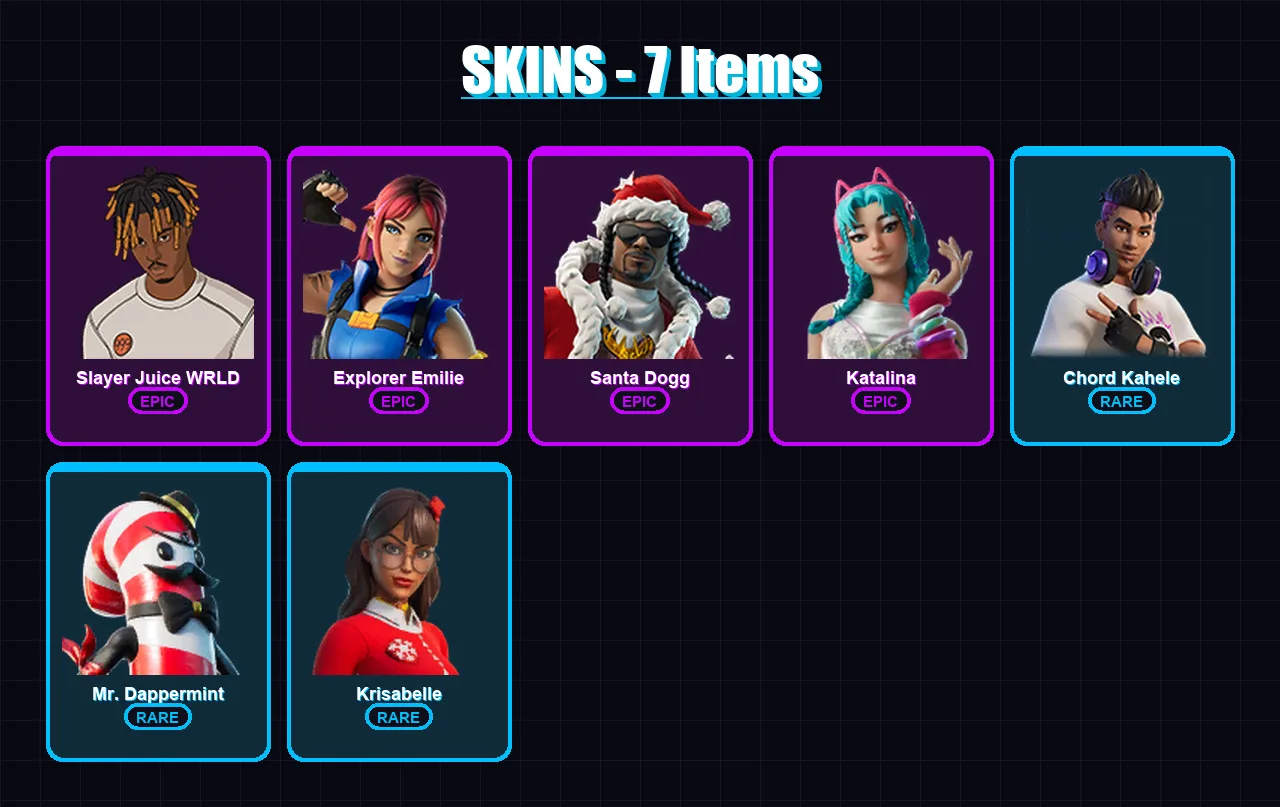 [PC/XBOX/PSN] | Slayer Juice WRLD | Explorer Emilie | Santa Dogg | Katalina | Chord Kahele | 7 skin | 19 pickaxe | 11 emote | 10 glider | Lv117