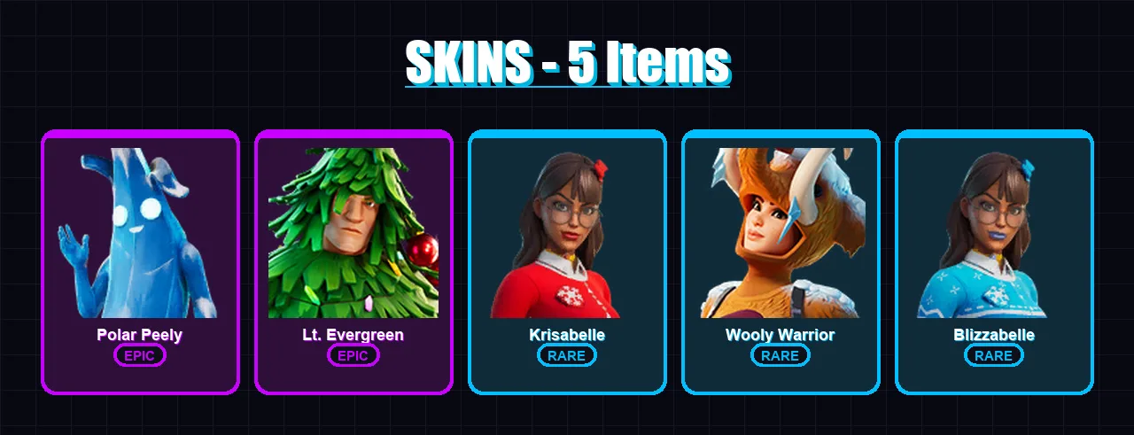 [PC/XBOX/PSN] | Polar Peely | Lt. Evergreen | Krisabelle | Wooly Warrior | Blizzabelle | 5 skin | 10 pickaxe | 7 emote | 9 glider | Lv58