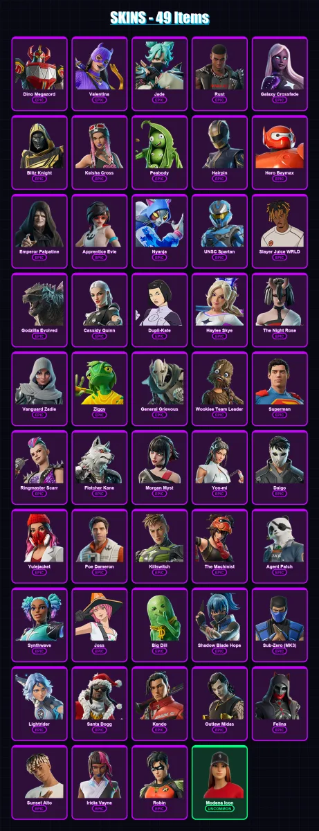 [PS4/PS5/XBOX/PC] | Dino Megazord | Valentina | Jade | Rust | Galaxy Crossfade | 49 skin | 93 pickaxe | 59 emote | 63 glider | Lv1576 — Fortnite account