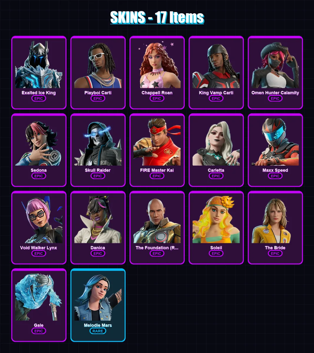 [PC/PSN] | Exalted Ice King | Playboi Carti | Chappell Roan | King Vamp Carti | Omen Hunter Calamity | 17 skin | 9 pickaxe | 5 emote | 3 glider | Lv