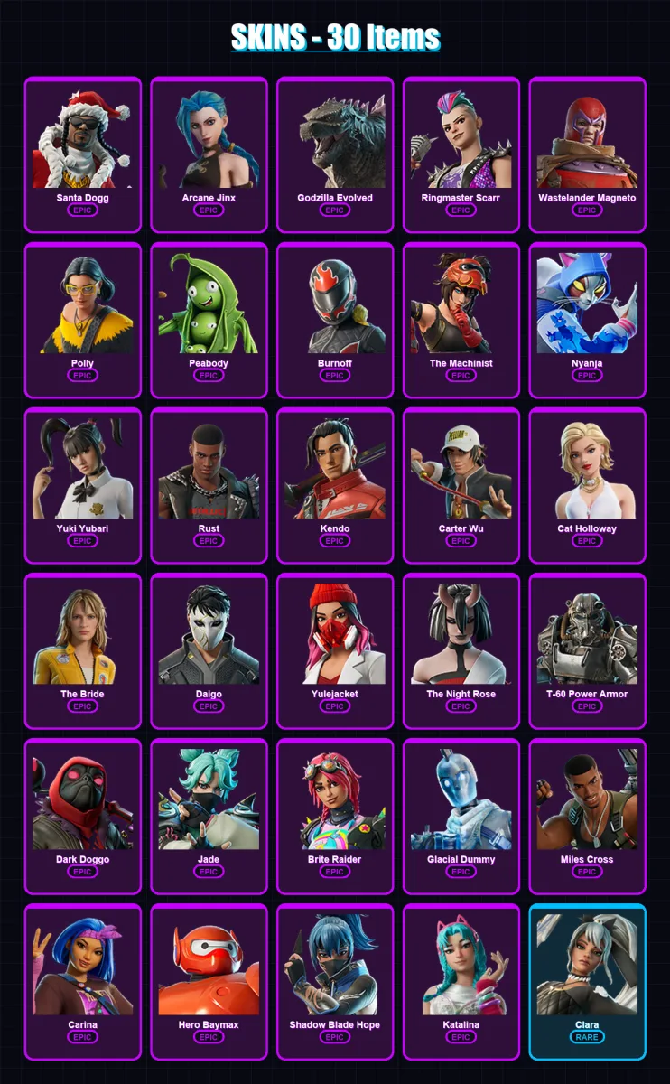 [PC/PSN] | Santa Dogg | Arcane Jinx | Godzilla Evolved | Ringmaster Scarr | Wastelander Magneto | 30 skin | 66 pickaxe | 42 emote | 41 glider | Lv53 — Fortnite account