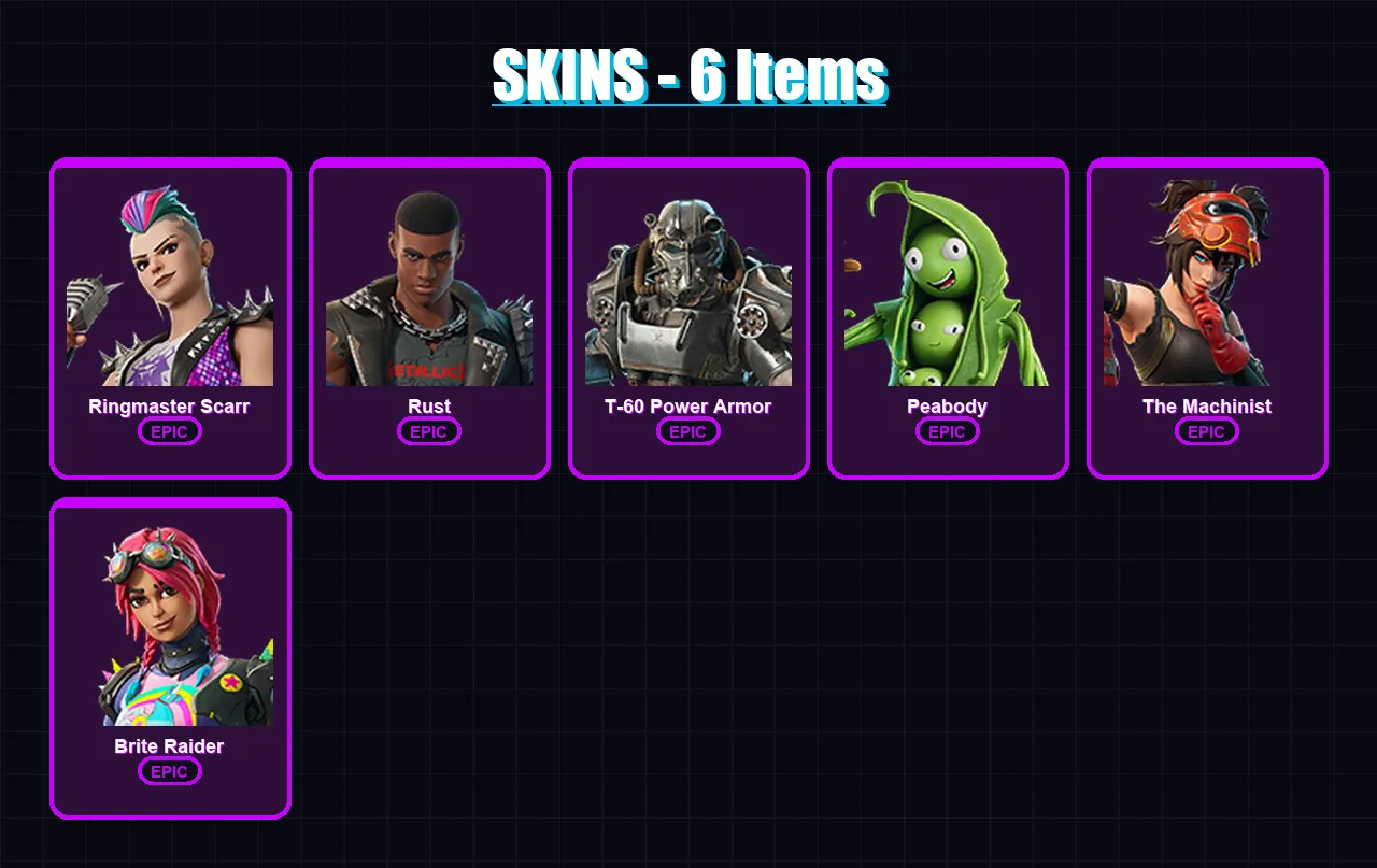 [PC/XBOX/PSN] | Ringmaster Scarr | Rust | T-60 Power Armor | Peabody | The Machinist | 6 skin | 10 pickaxe | 11 emote | 10 glider | Lv102
