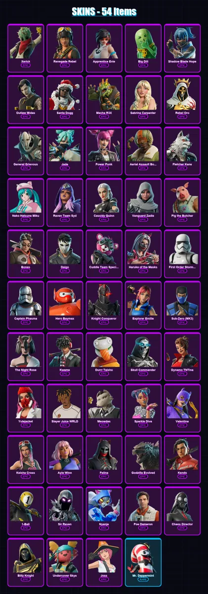 [SWITCH/XBOX/PSN/PC] | Xerick | Renegade Rebel | Apprentice Evie | Big Dill | Shadow Blade Hope | 54 skin | 88 pickaxe | 61 emote | 57 glider | Lv10