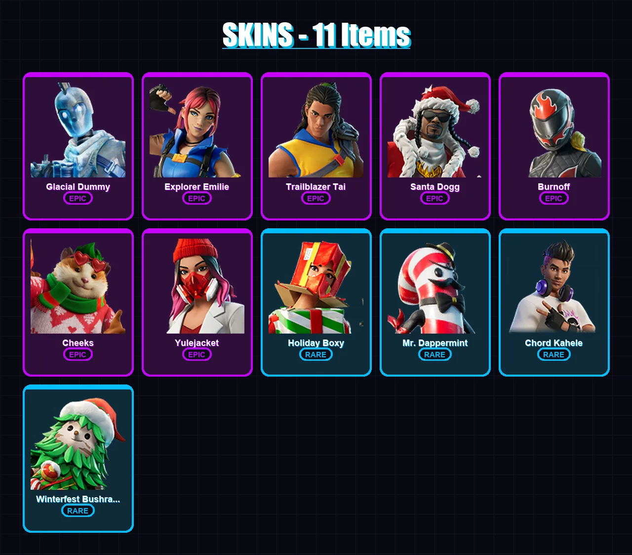 [PC/XBOX/PSN] | Glacial Dummy | Explorer Emilie | Trailblazer Tai | Santa Dogg | Burnoff | 11 skin | 22 pickaxe | 5 emote | 13 glider | Lv118