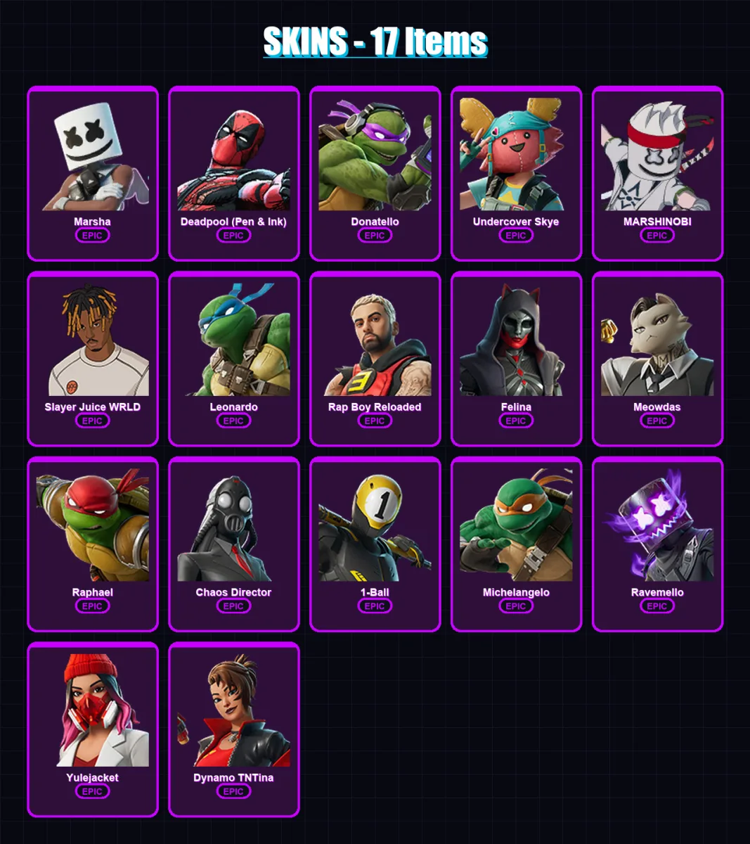 [SWITCH/XBOX/PSN/PC] | Marsha | Deadpool (Pen & Ink) | Donatello | Undercover Skye | MARSHINOBI | 17 skin | 39 pickaxe | 16 emote | 20 glider | Lv30 — Fortnite account