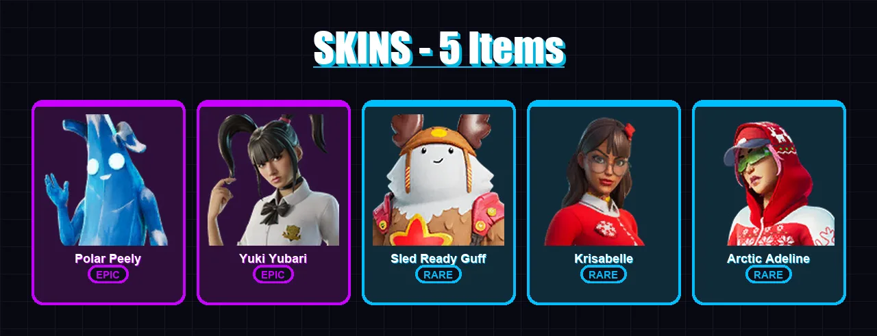 [SWITCH/XBOX/PC] | Polar Peely | Yuki Yubari | Sled Ready Guff | Krisabelle | Arctic Adeline | 5 skin | 13 pickaxe | 12 emote | 12 glider | Lv214