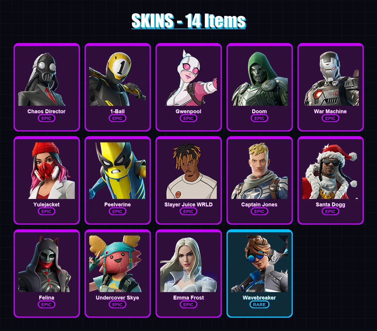 [PC/XBOX/PSN] | Chaos Director | 1-Ball | Gwenpool | Doom | War Machine | 14 skin | 31 pickaxe | 17 emote | 17 glider | Lv156