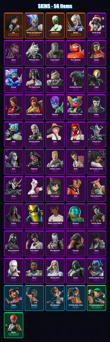 [PC/PSN] | Era | Renzo the Destroyer | Backlash | Mizuki | Santa Dogg | 56 skin | 86 pickaxe | 60 emote | 60 glider | Lv732