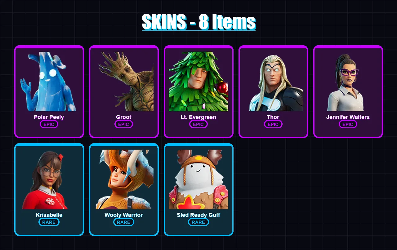 [SWITCH/XBOX/PSN/PC] | Polar Peely | Groot | Lt. Evergreen | Thor | Jennifer Walters | 8 skin | 13 pickaxe | 14 emote | 11 glider | Lv119