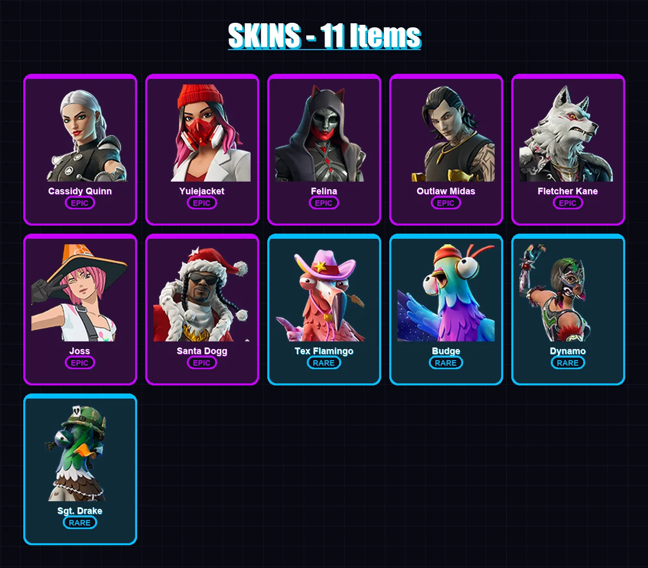 [PS4/PS5/XBOX/PC] | Cassidy Quinn | Yulejacket | Felina | Outlaw Midas | Fletcher Kane | 11 skin | 35 pickaxe | 15 emote | 20 glider | Lv306