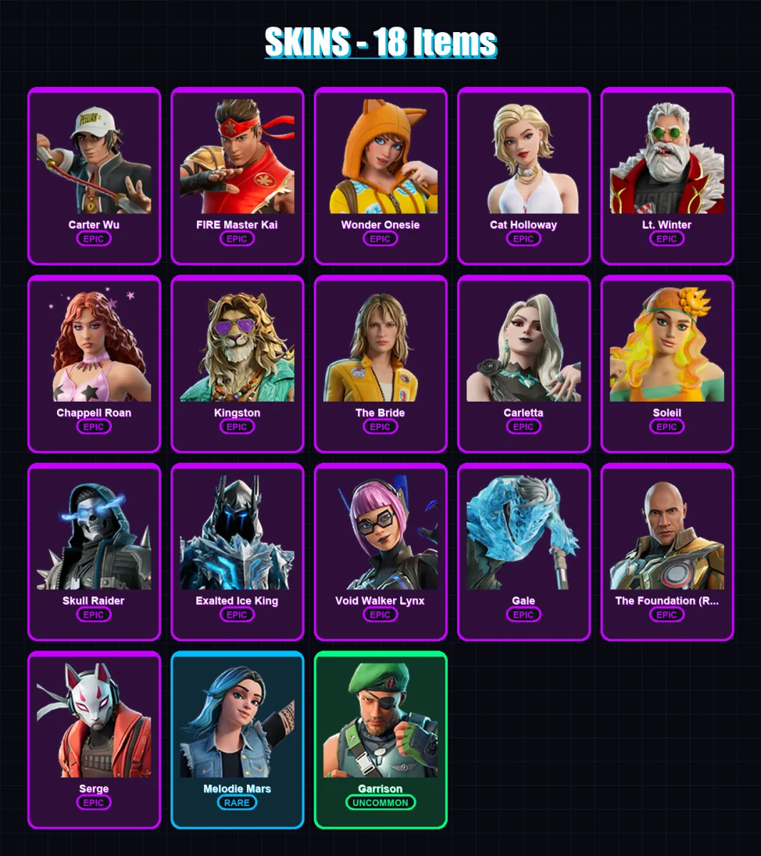 [PC/XBOX/PSN] | Carter Wu | FIRE Master Kai | Wonder Onesie | Cat Holloway | Lt. Winter | 18 skin | 17 pickaxe | 9 emote | 7 glider | Lv54